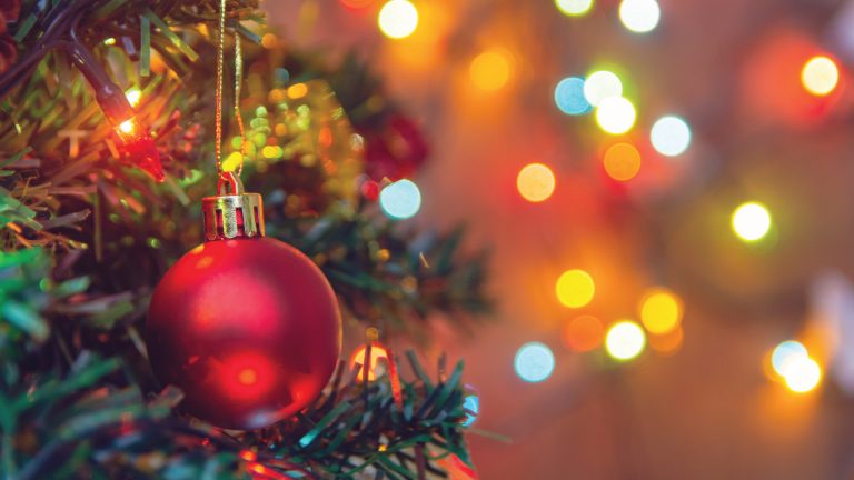 Red Christmas Tree Ornament with sparkling holiday lights