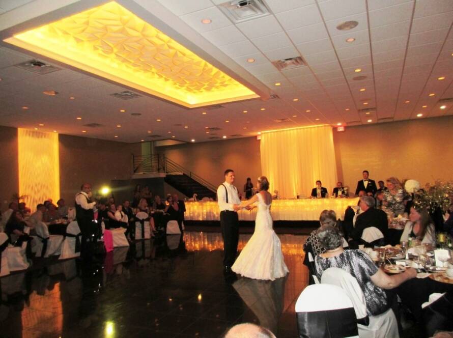 Balconade Room wedding reception bride and groom dancing