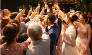 crowd of people celebrating at a wedding reception 
