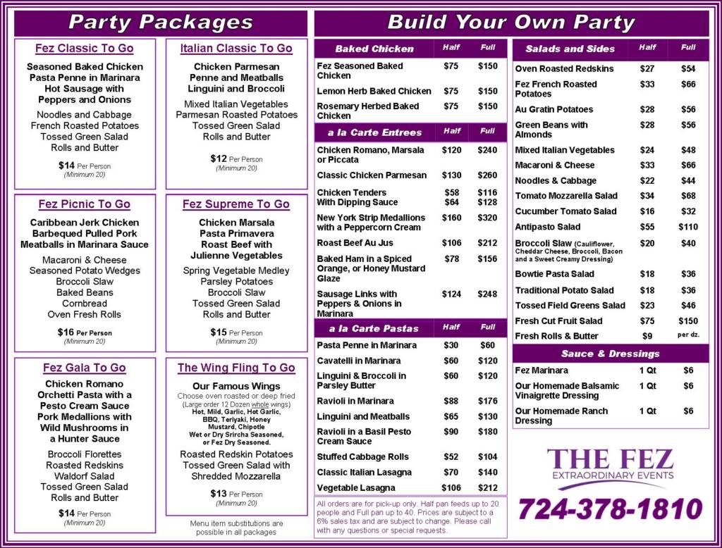 The Fez party package to go menu
